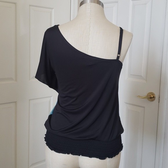 Vintage 90s Y2K One Shoulder Top Blouse Black Teal Bold Flower - Picture 2 of 11